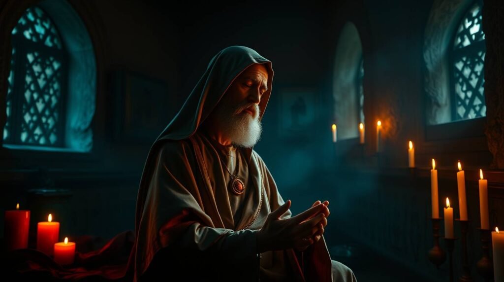 Bild eines älteren Mannes, der in einem dunklen Raum betet, der wie eine Art Tempel aussieht, mit brennenden Kerzen an den Seiten.
