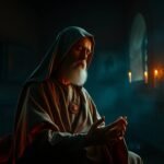 Bild eines älteren Mannes, der in einem dunklen Raum betet, der wie eine Art Tempel aussieht, mit brennenden Kerzen an den Seiten.