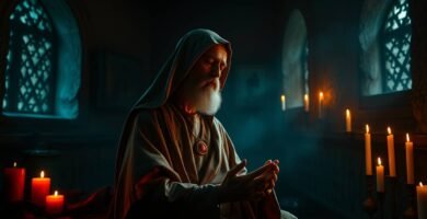 Bild eines älteren Mannes, der in einem dunklen Raum betet, der wie eine Art Tempel aussieht, mit brennenden Kerzen an den Seiten.