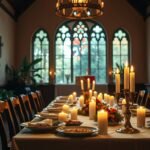 Bild eines leeren Tisches mit Geschirr und Essen, brennenden Kerzen und im Hintergrund Fenstern mit religiösen Verzierungen und daneben einer Marienstatue.
