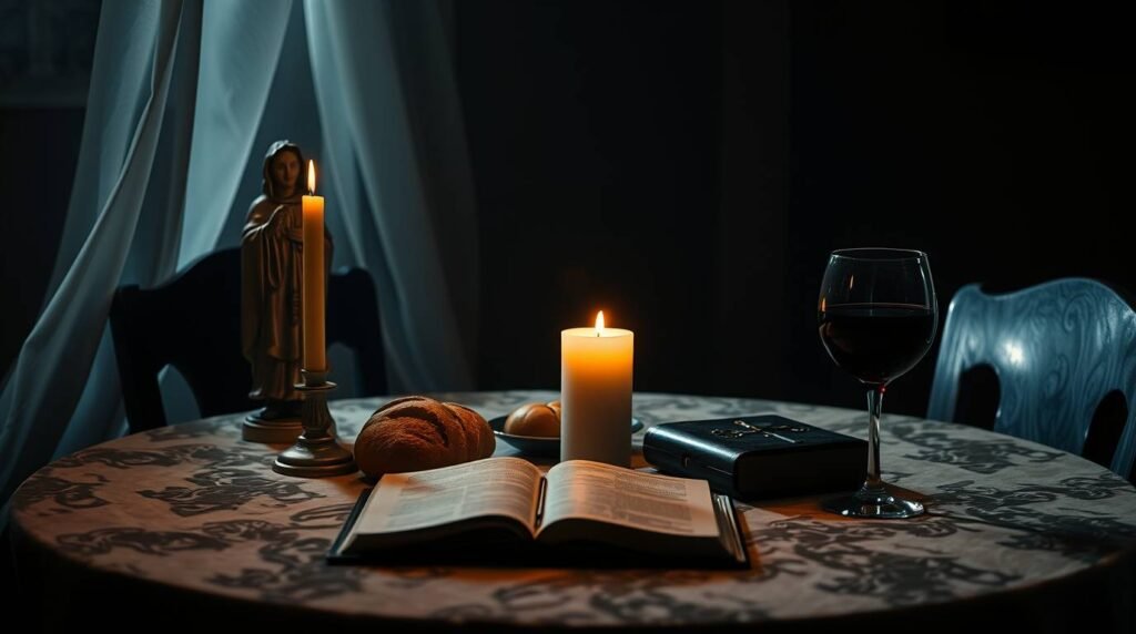 Bild eines Tisches mit einer offenen Bibel, Kerzen, Gläsern, einem Bild der Jungfrau und einem Teller mit Brot