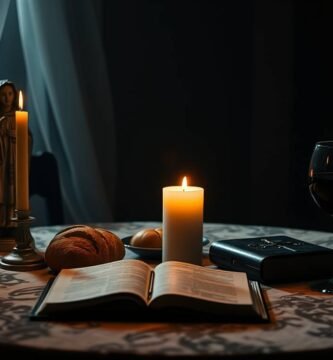 Bild eines Tisches mit einer offenen Bibel, Kerzen, Gläsern, einem Bild der Jungfrau und einem Teller mit Brot