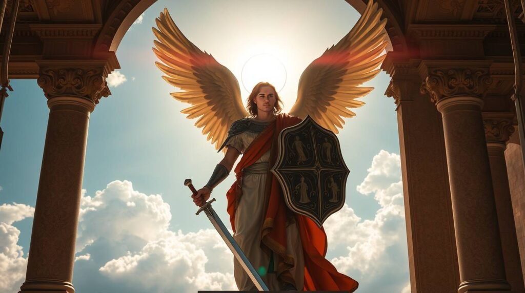 Bild des Erzengels Michael mit einem Schwert und einem Schild am Eingang eines alten Tempels oder Bauwerks mit zwei Säulen an den Seiten, im Hintergrund ist der Himmel mit einem intensiven Licht hinter ihm zu sehen.