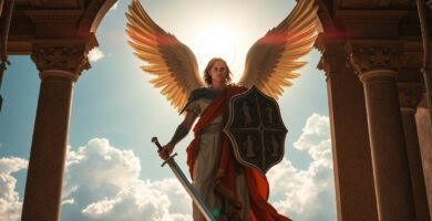 Bild des Erzengels Michael mit einem Schwert und einem Schild am Eingang eines alten Tempels oder Bauwerks mit zwei Säulen an den Seiten, im Hintergrund ist der Himmel mit einem intensiven Licht hinter ihm zu sehen.