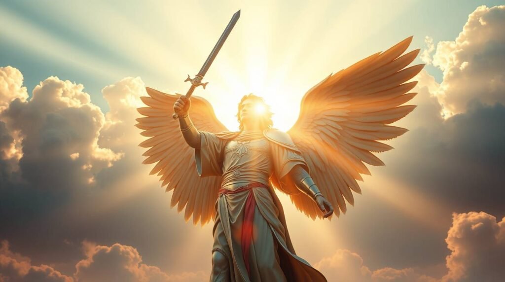 Bild des Erzengels Michael im Himmel, der ein Schwert in der Hand hält und hinter dem Lichtstrahlen fallen