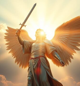 Bild des Erzengels Michael im Himmel, der ein Schwert in der Hand hält und hinter dem Lichtstrahlen fallen