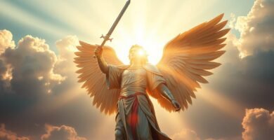 Bild des Erzengels Michael im Himmel, der ein Schwert in der Hand hält und hinter dem Lichtstrahlen fallen