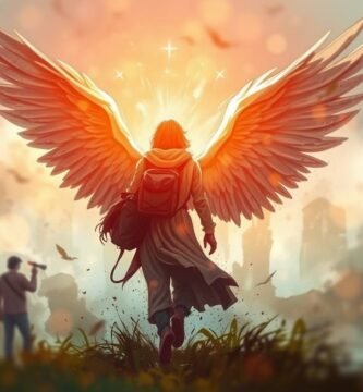 Bild eines Schutzengels mit dem Rücken zu ihm und einem Reiserucksack auf dem Rücken. Das Bild hat einen aquarellähnlichen Stil.