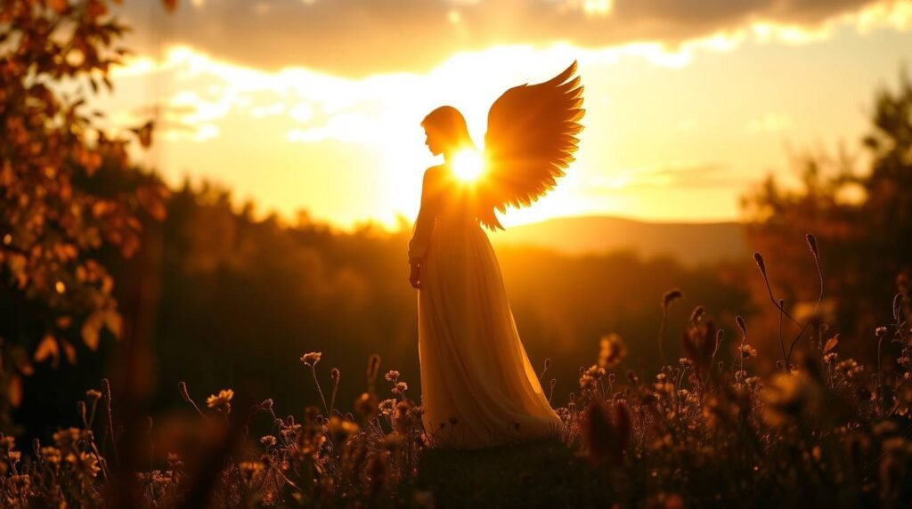 Bild eines Engels mitten in einem Wald mit dem Sonnenuntergang im Hintergrund