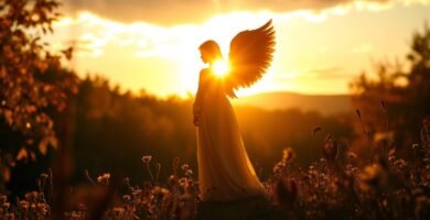 Bild eines Engels mitten in einem Wald mit dem Sonnenuntergang im Hintergrund