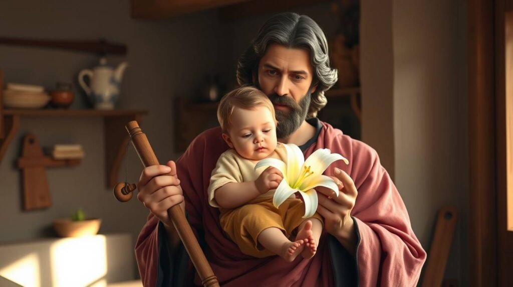 Bild des Heiligen Josef, der ein Kind trägt, in einem schwach beleuchteten Raum, in den Lichtstrahlen durch das Fenster fallen.