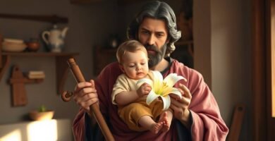 Bild des Heiligen Josef, der ein Kind trägt, in einem schwach beleuchteten Raum, in den Lichtstrahlen durch das Fenster fallen.