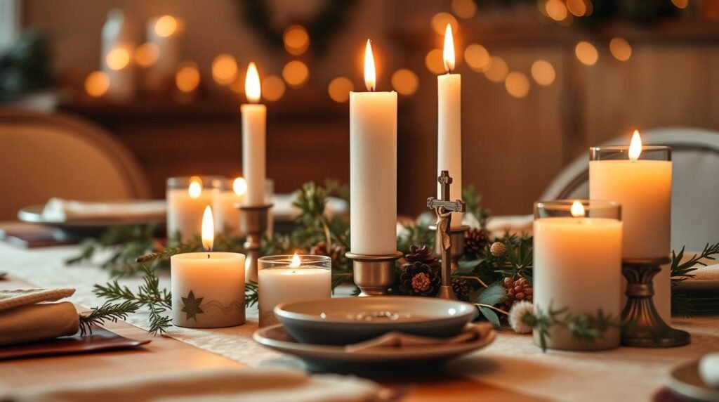 Bild eines Tisches mit leeren Tellern, Besteck, brennenden Kerzen und Speisen, ähnlich einem festlichen Tisch zum Erntedankfest.