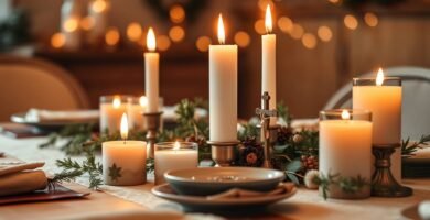 Bild eines Tisches mit leeren Tellern, Besteck, brennenden Kerzen und Speisen, ähnlich einem festlichen Tisch zum Erntedankfest.