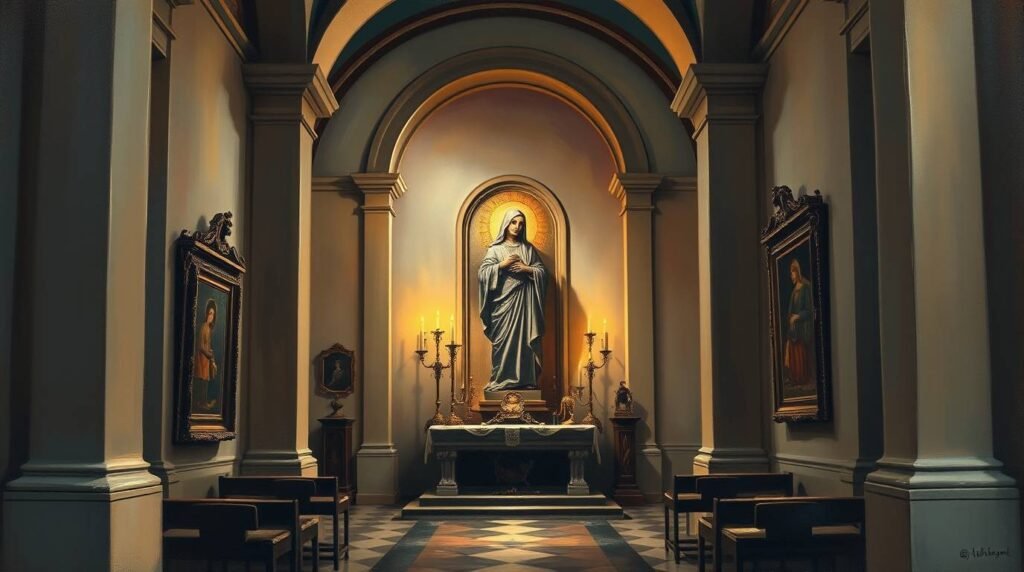 Bild des Innenraums einer leeren Kapelle mit dem Bild der Jungfrau auf dem Sockel neben brennenden Kerzen