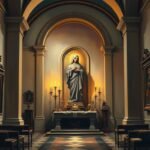 Bild des Innenraums einer leeren Kapelle mit dem Bild der Jungfrau auf dem Sockel neben brennenden Kerzen