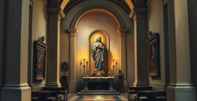 Bild des Innenraums einer leeren Kapelle mit dem Bild der Jungfrau auf dem Sockel neben brennenden Kerzen
