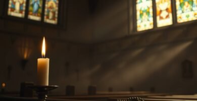 Bild des Innenraums einer Kirche mit leeren Kirchenbänken, einem Rosenkranz, einer brennenden Kerze und Lichtstrahlen, die durch die mit religiösen Zeichnungen verzierten Fenster einfallen.