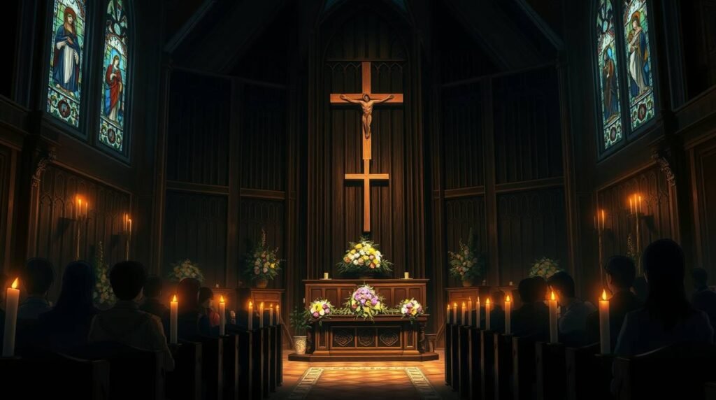 Bild des Innenraums einer Kirche mit einer Gruppe von Menschen, die mitten in einer Trauermesse brennende Kerzen halten.