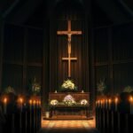 Bild des Innenraums einer Kirche mit einer Gruppe von Menschen, die mitten in einer Trauermesse brennende Kerzen halten.