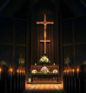 Bild des Innenraums einer Kirche mit einer Gruppe von Menschen, die mitten in einer Trauermesse brennende Kerzen halten.