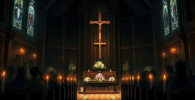 Bild des Innenraums einer Kirche mit einer Gruppe von Menschen, die mitten in einer Trauermesse brennende Kerzen halten.