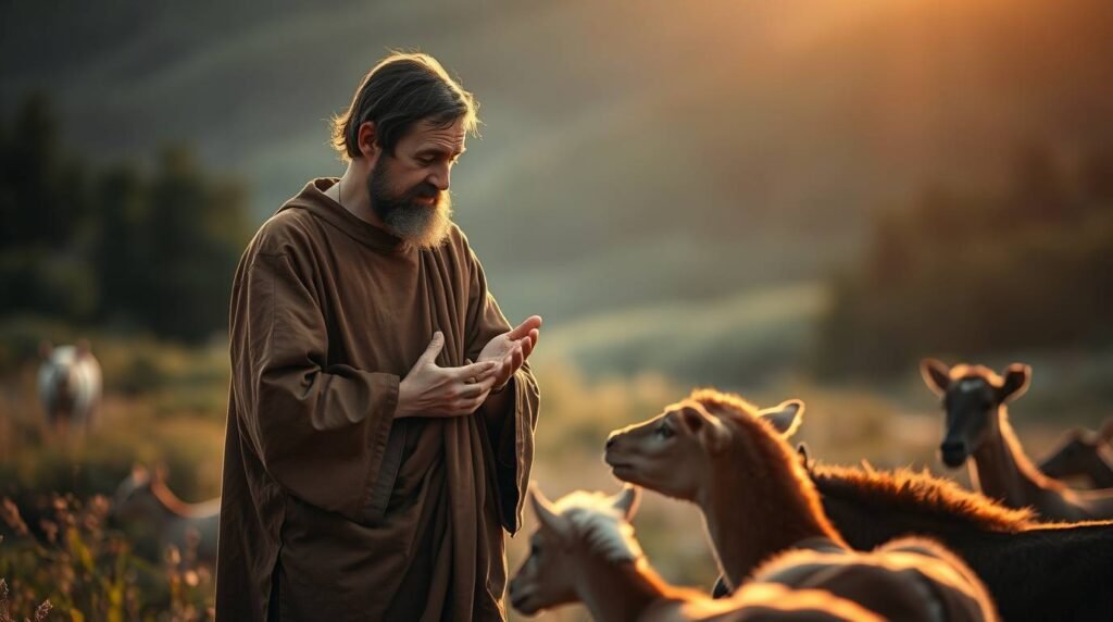 Bild des Heiligen Franz von Assisi auf dem Land, wie er eine Gruppe von Tieren streichelt, die Hirschen oder Lamas ähneln