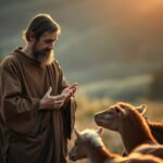 Bild des Heiligen Franz von Assisi auf dem Land, wie er eine Gruppe von Tieren streichelt, die Hirschen oder Lamas ähneln