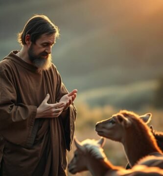 Bild des Heiligen Franz von Assisi auf dem Land, wie er eine Gruppe von Tieren streichelt, die Hirschen oder Lamas ähneln