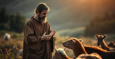 Bild des Heiligen Franz von Assisi auf dem Land, wie er eine Gruppe von Tieren streichelt, die Hirschen oder Lamas ähneln