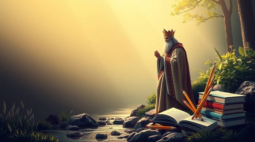 Bild einer Priesterstatue neben Büchern und Bleistiften am Ufer eines Flusses