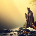 Bild einer Priesterstatue neben Büchern und Bleistiften am Ufer eines Flusses