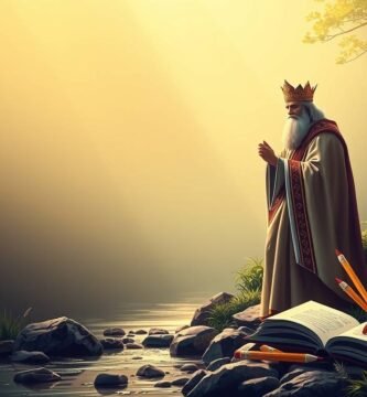 Bild einer Priesterstatue neben Büchern und Bleistiften am Ufer eines Flusses