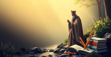 Bild einer Priesterstatue neben Büchern und Bleistiften am Ufer eines Flusses