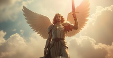 Bild des Erzengels Michael, der mit seiner rechten Hand ein erhobenes Schwert hält, im Hintergrund ein Himmel mit Wolken und einem intensiven Licht, das hinter ihm fällt