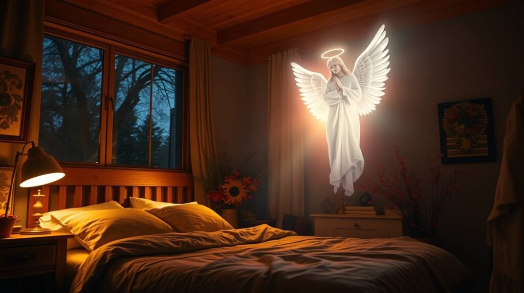 Bild eines Engels in einem leeren Raum neben einem Bett