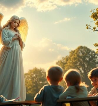 Bild eines Engels, der mitten auf einem Feld neben einer Gruppe sitzender Kinder betet