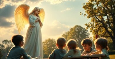 Bild eines Engels, der mitten auf einem Feld neben einer Gruppe sitzender Kinder betet