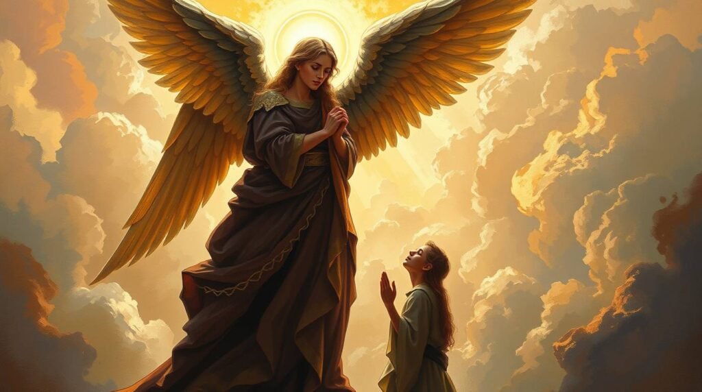 Bild eines Engels neben einer Frau, die auf den Knien betet. Das Bild zeigt den Engel als Führer. Im Hintergrund sind einige Wolken mit einem intensiven Licht hinter dem Engel zu sehen.
