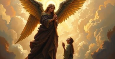 Bild eines Engels neben einer Frau, die auf den Knien betet. Das Bild zeigt den Engel als Führer. Im Hintergrund sind einige Wolken mit einem intensiven Licht hinter dem Engel zu sehen.