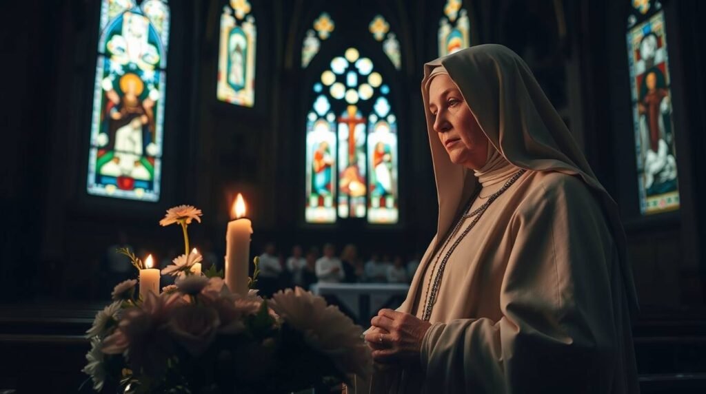 Bild der Heiligen Teresa beim Beten in einer Kirche mit einem Strauß weißer Blumen und brennenden Kerzen an ihrer Seite.