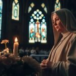 Bild der Heiligen Teresa beim Beten in einer Kirche mit einem Strauß weißer Blumen und brennenden Kerzen an ihrer Seite.