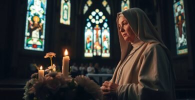 Bild der Heiligen Teresa beim Beten in einer Kirche mit einem Strauß weißer Blumen und brennenden Kerzen an ihrer Seite.