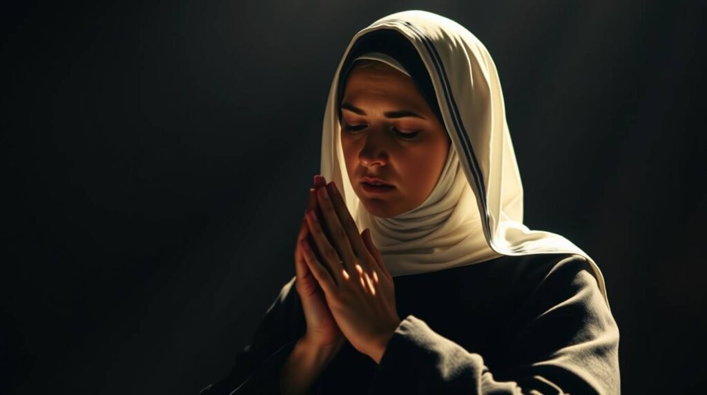 Bild einer Nonne, die in einem dunklen Raum betet, in den von oben Lichtstrahlen einfallen