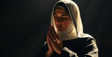 Bild einer Nonne, die in einem dunklen Raum betet, in den von oben Lichtstrahlen einfallen