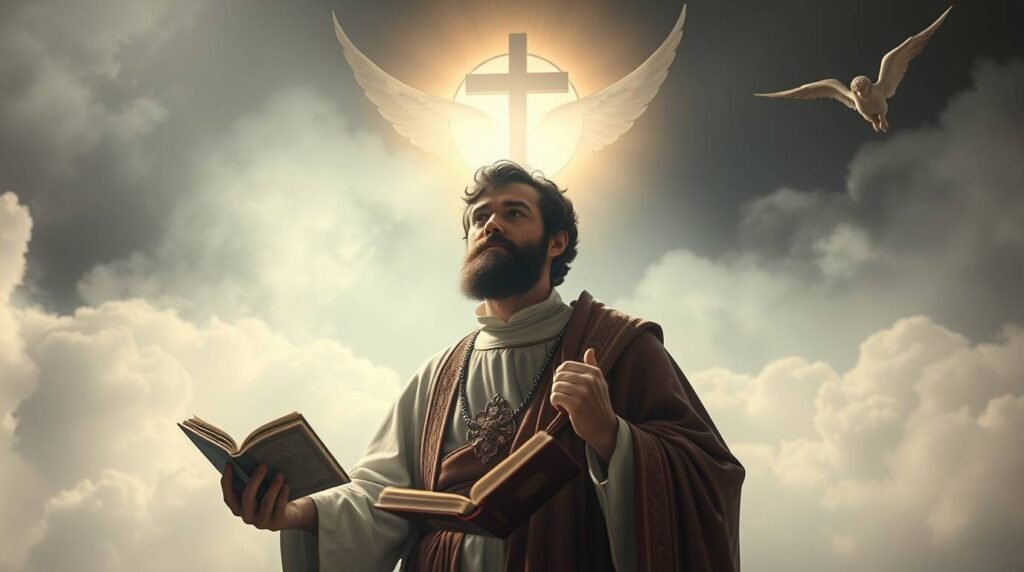 Bild eines Priesters mit zwei Bibeln in der Hand, einem Kreuz über ihm und weißen Tauben, die um ihn herumfliegen