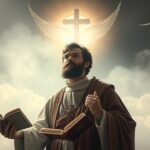 Bild eines Priesters mit zwei Bibeln in der Hand, einem Kreuz über ihm und weißen Tauben, die um ihn herumfliegen