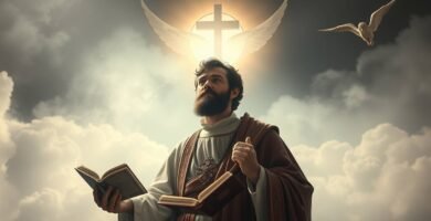 Bild eines Priesters mit zwei Bibeln in der Hand, einem Kreuz über ihm und weißen Tauben, die um ihn herumfliegen