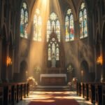 Bild des Innenraums einer leeren Kirche mit Blick auf den Sockel, in den Licht durch die Fenster fällt