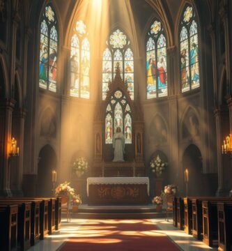 Bild des Innenraums einer leeren Kirche mit Blick auf den Sockel, in den Licht durch die Fenster fällt